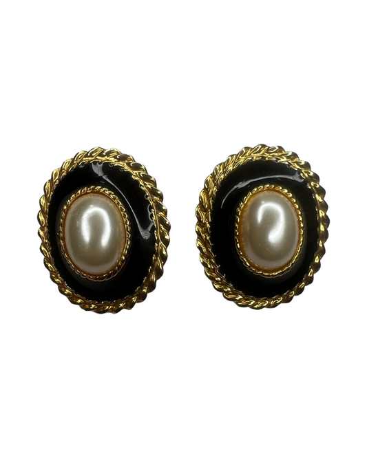 Large Gold, Black, and Faux Pearl Vintage Earrings