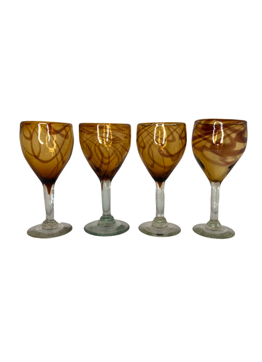 Mexican Hand Blown Amber Swirl Glass Set of 4